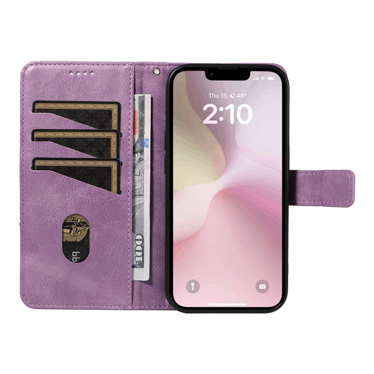 For iPhone 16e Case Leather Card Holder Phone Cover Geometric Line - Purple