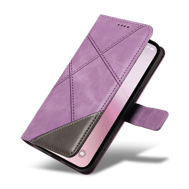 For iPhone 16e Case Leather Card Holder Phone Cover Geometric Line - Purple