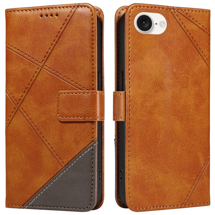 For iPhone 16e Case Leather Card Holder Phone Cover Geometric Line - Brown