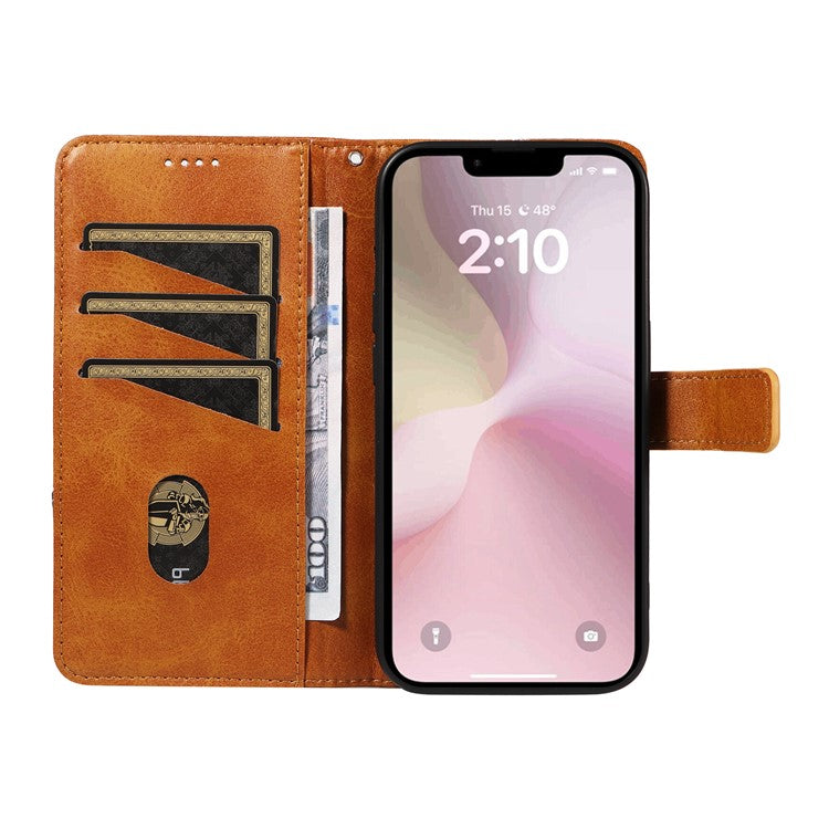 For iPhone 16e Case Leather Card Holder Phone Cover Geometric Line - Brown