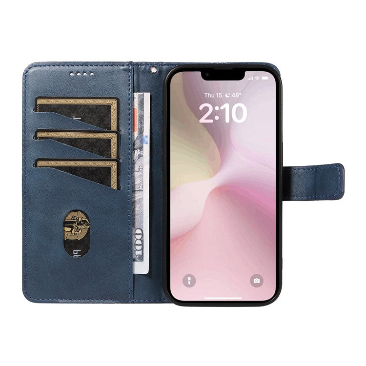 For iPhone 16e Case Leather Card Holder Phone Cover Geometric Line - Blue