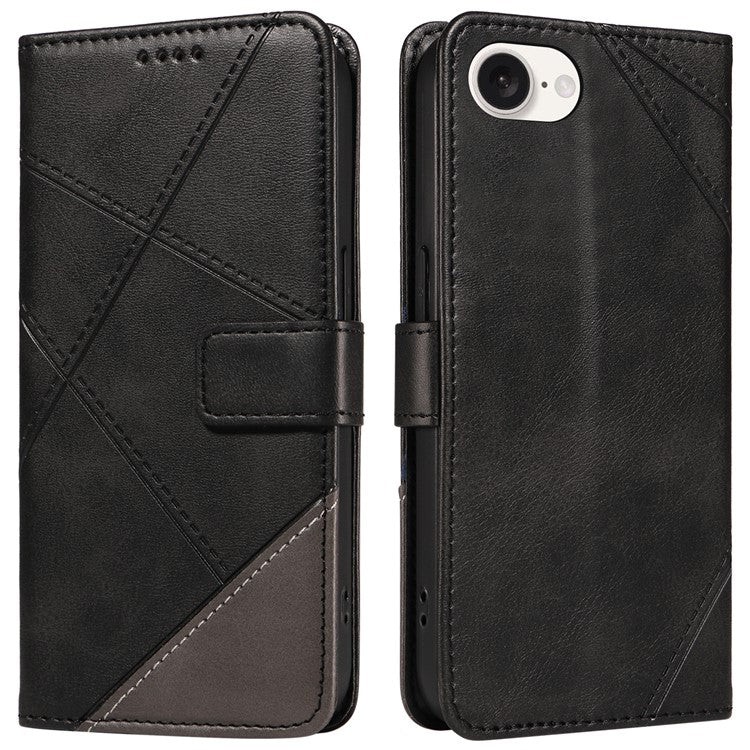 For iPhone 16e Case Leather Card Holder Phone Cover Geometric Line - Black