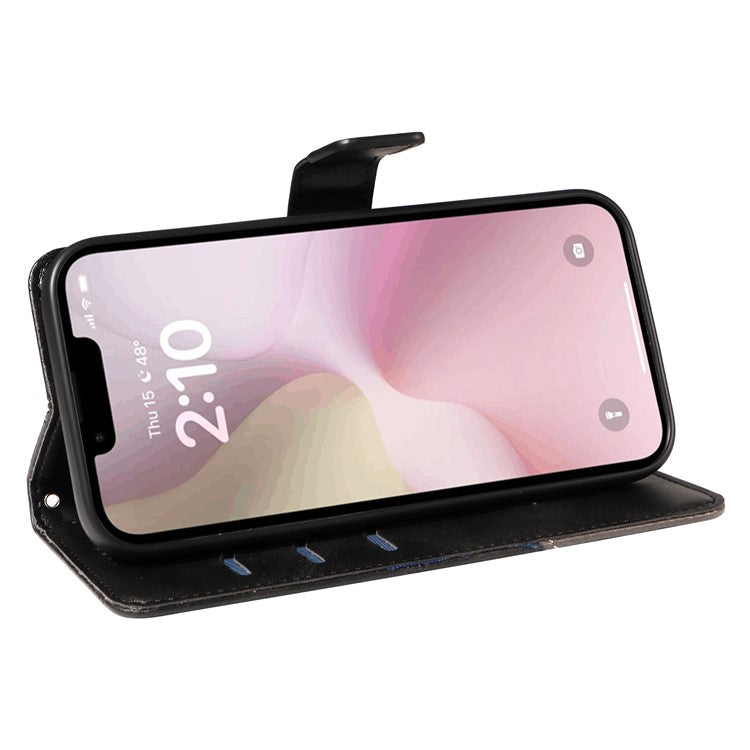 For iPhone 16e Case Leather Card Holder Phone Cover Geometric Line - Black