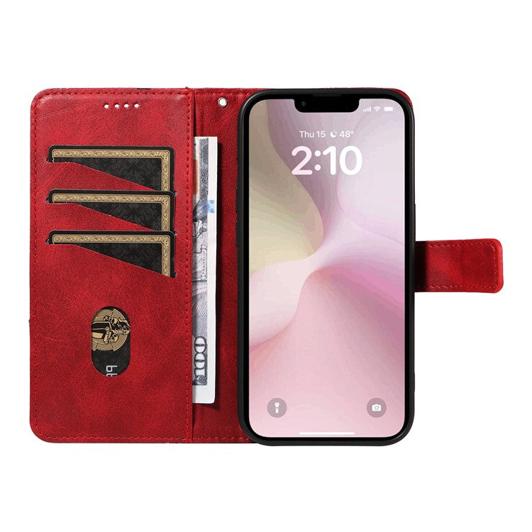For iPhone 16e Case Leather Card Holder Phone Cover Geometric Line - Red