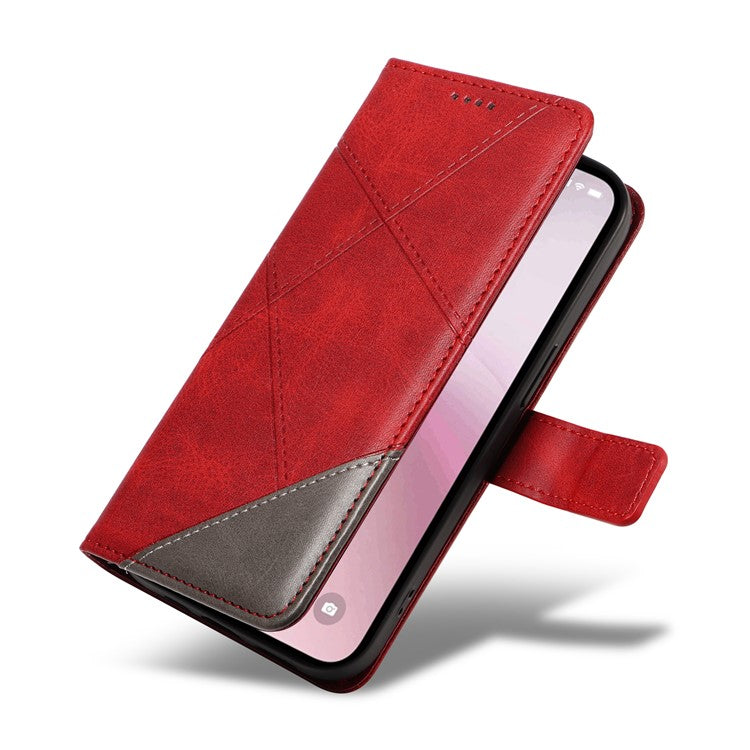 For iPhone 16e Case Leather Card Holder Phone Cover Geometric Line - Red