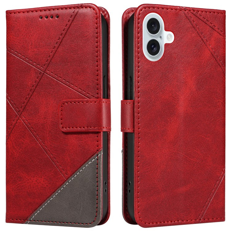 For iPhone 16 Plus Case Geometric Line Leathe Calf Texture Phone Cover - Red