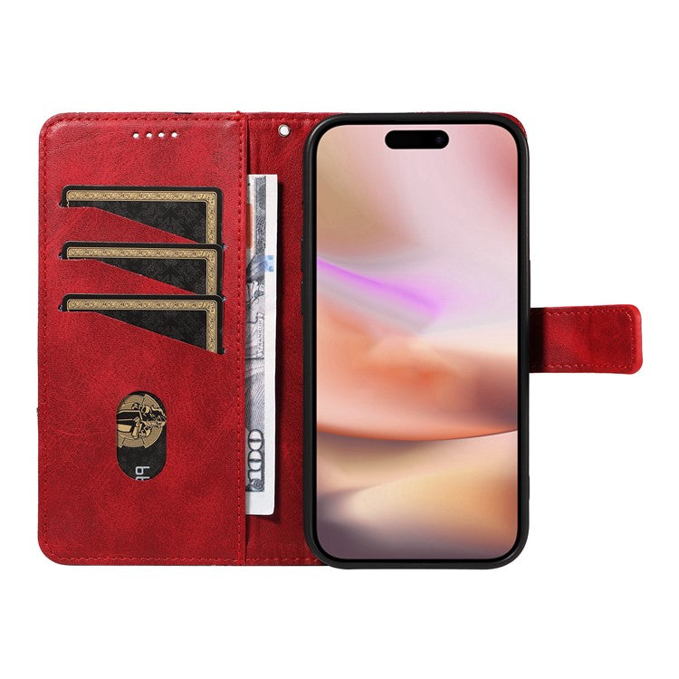 For iPhone 16 Plus Case Geometric Line Leathe Calf Texture Phone Cover - Red