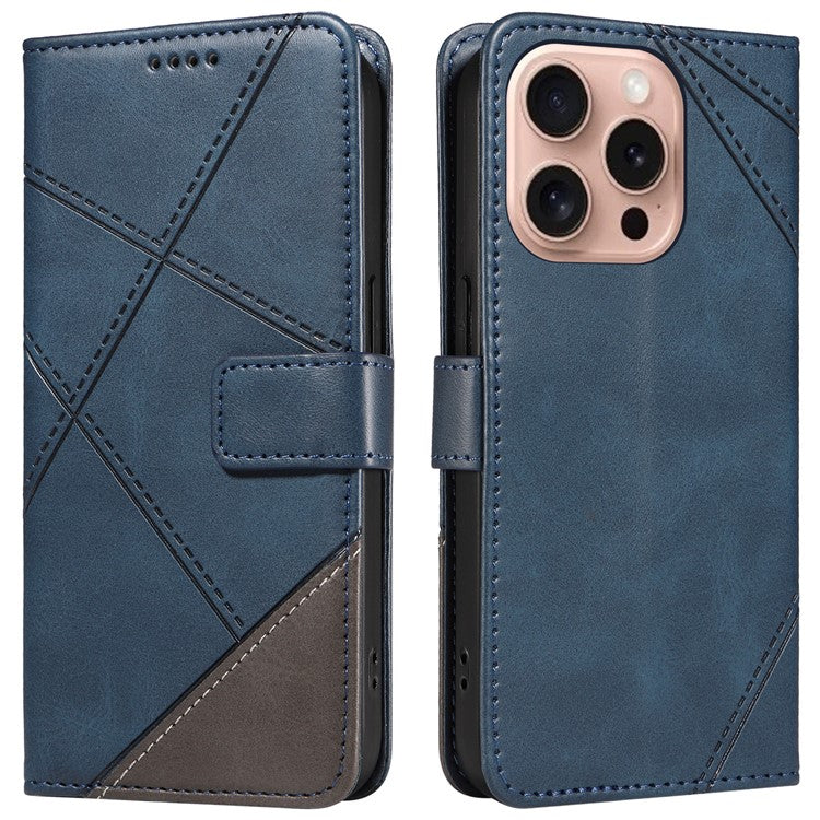 For iPhone 16 Pro Case Card Holder Magnetic Clasp Leather Phone Cover Geometric Line - Blue