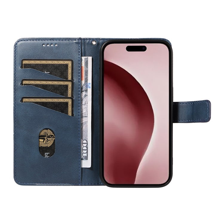 For iPhone 16 Pro Case Card Holder Magnetic Clasp Leather Phone Cover Geometric Line - Blue