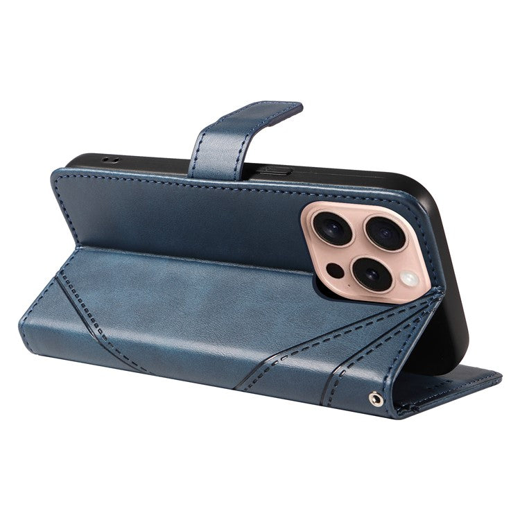 For iPhone 16 Pro Case Card Holder Magnetic Clasp Leather Phone Cover Geometric Line - Blue