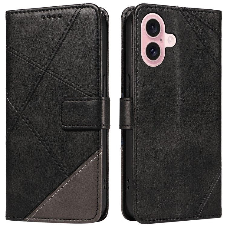 For iPhone 16 Case PU Leather Protective Geometric Line Phone Cover Wrist Strap - Black