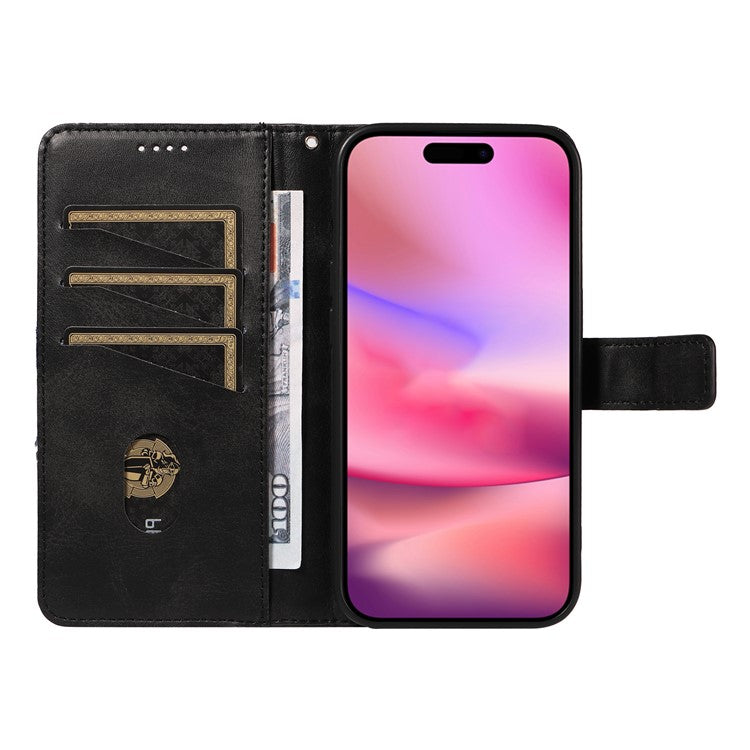 For iPhone 16 Case PU Leather Protective Geometric Line Phone Cover Wrist Strap - Black