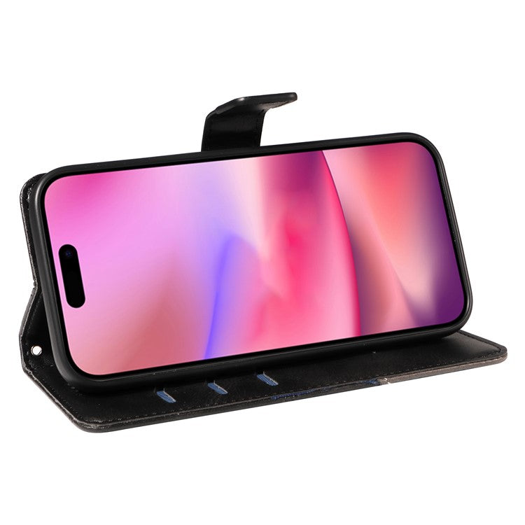 For iPhone 16 Case PU Leather Protective Geometric Line Phone Cover Wrist Strap - Black