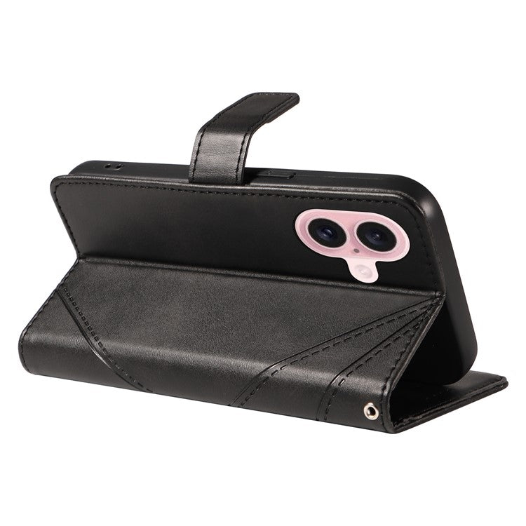 For iPhone 16 Case PU Leather Protective Geometric Line Phone Cover Wrist Strap - Black