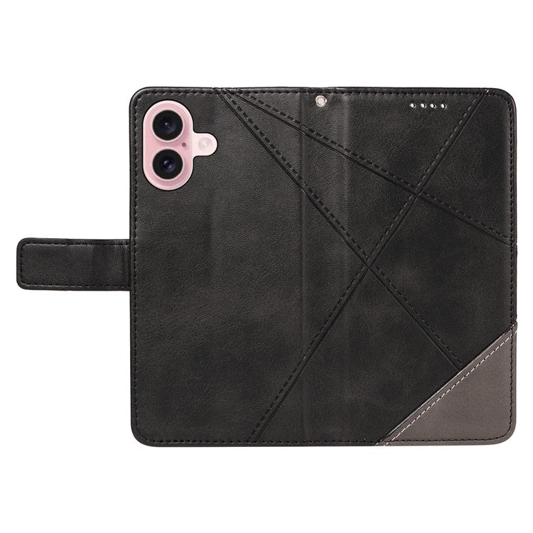 For iPhone 16 Case PU Leather Protective Geometric Line Phone Cover Wrist Strap - Black