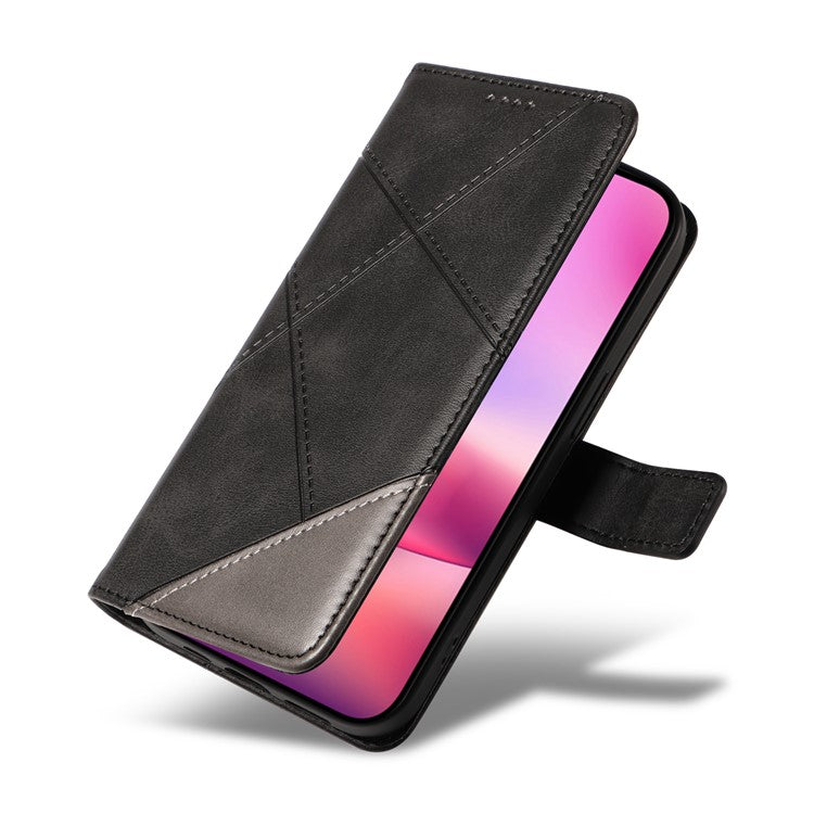 For iPhone 16 Case PU Leather Protective Geometric Line Phone Cover Wrist Strap - Black