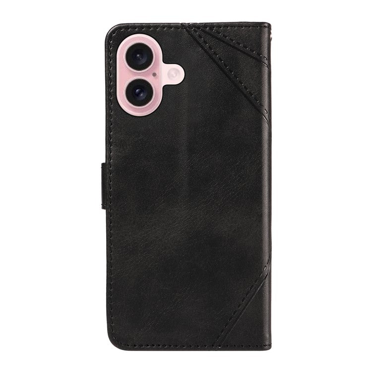 For iPhone 16 Case PU Leather Protective Geometric Line Phone Cover Wrist Strap - Black