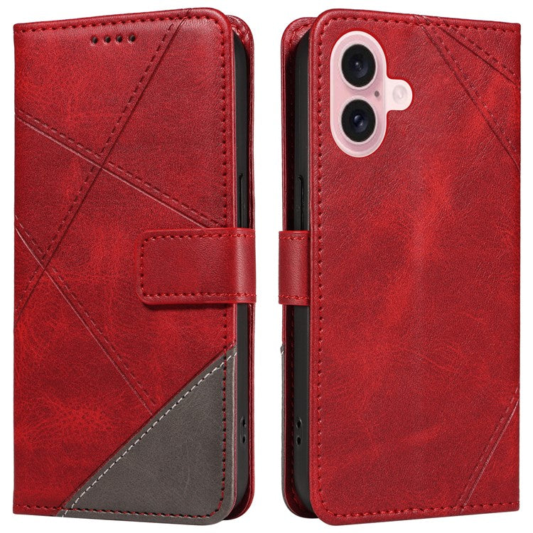 For iPhone 16 Case PU Leather Protective Geometric Line Phone Cover Wrist Strap - Red