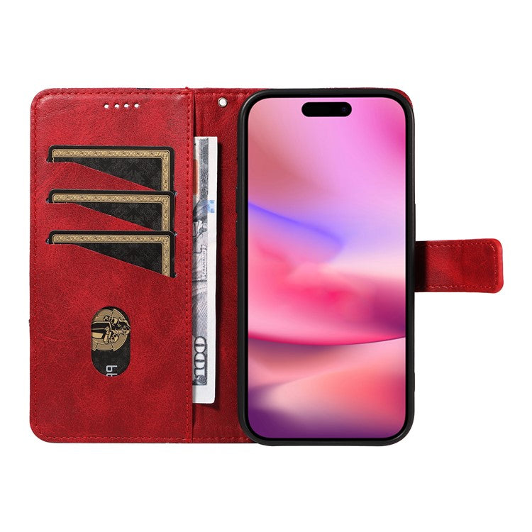 For iPhone 16 Case PU Leather Protective Geometric Line Phone Cover Wrist Strap - Red