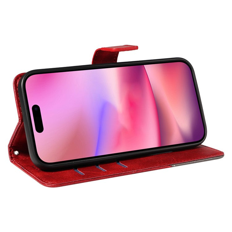 For iPhone 16 Case PU Leather Protective Geometric Line Phone Cover Wrist Strap - Red