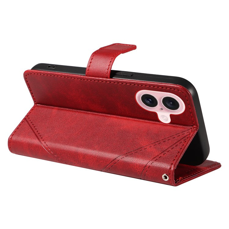For iPhone 16 Case PU Leather Protective Geometric Line Phone Cover Wrist Strap - Red