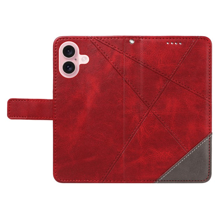 For iPhone 16 Case PU Leather Protective Geometric Line Phone Cover Wrist Strap - Red
