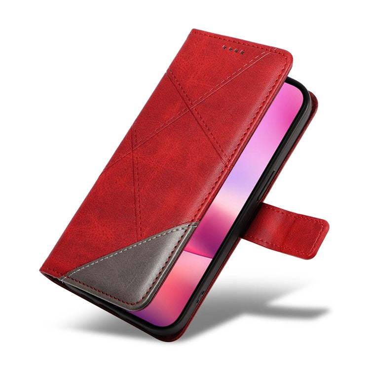 For iPhone 16 Case PU Leather Protective Geometric Line Phone Cover Wrist Strap - Red