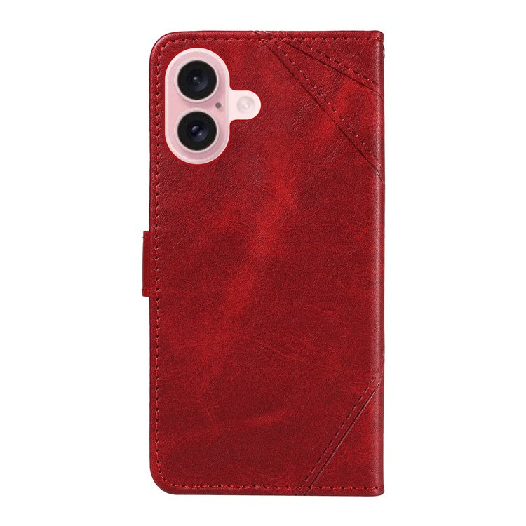 For iPhone 16 Case PU Leather Protective Geometric Line Phone Cover Wrist Strap - Red