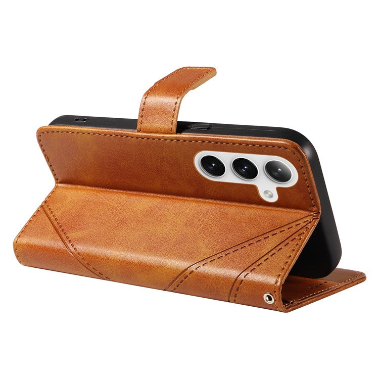 For Samsung Galaxy S24 Case PU Leather Calf Texture Wallet Phone Cover Geometric Line - Brown