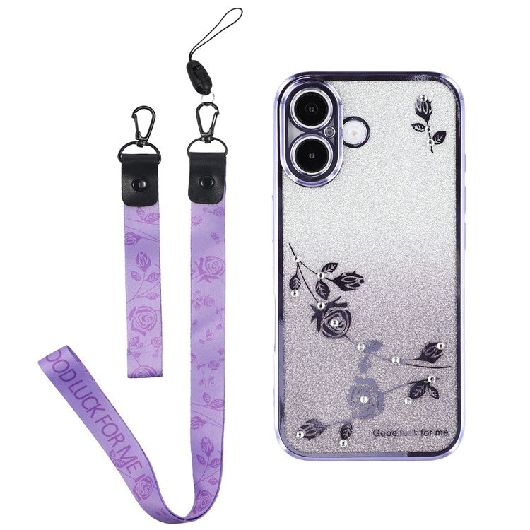 KADEM For iPhone 16 Case TPU Gradient Glitter Phone Cover with Lanyards - Purple