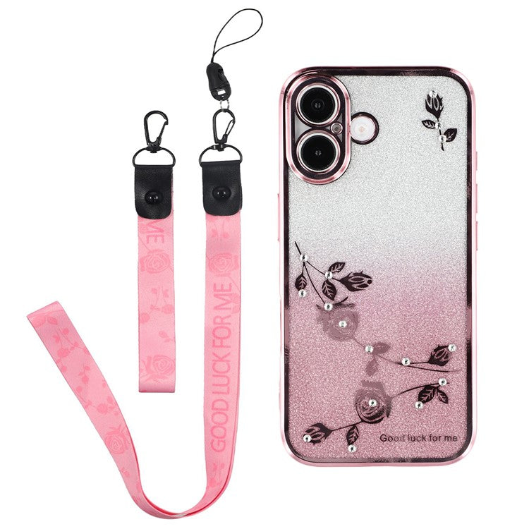 KADEM For iPhone 16 Case TPU Gradient Glitter Phone Cover with Lanyards - Rose Gold