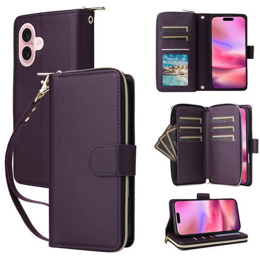 R20 For iPhone 16 Plus Case Zipper Wallet 9 Card Slots PU Leather Phone Cover - Dark Purple