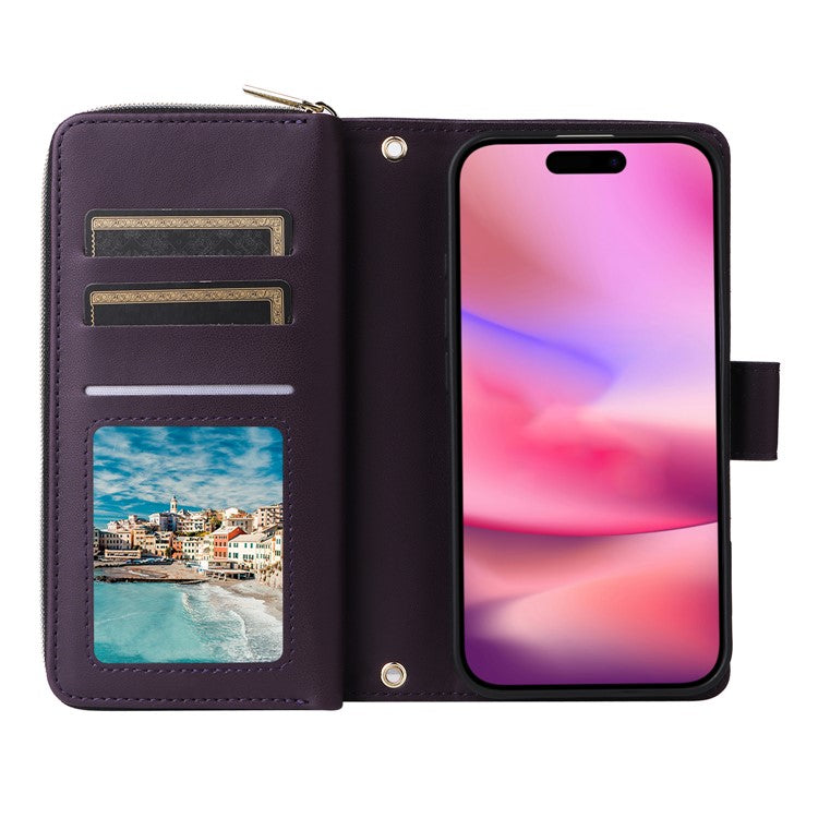 R20 For iPhone 16 Plus Case Zipper Wallet 9 Card Slots PU Leather Phone Cover - Dark Purple