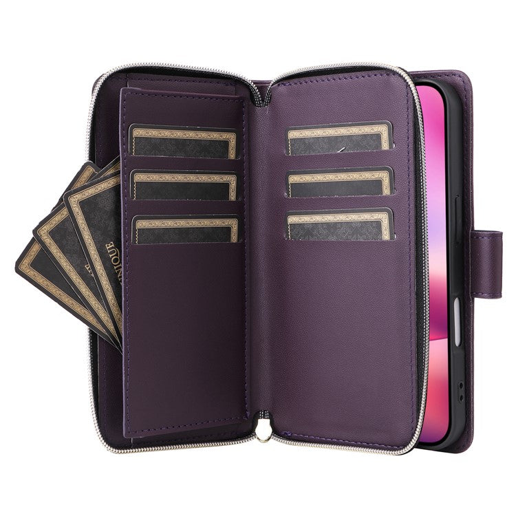R20 For iPhone 16 Plus Case Zipper Wallet 9 Card Slots PU Leather Phone Cover - Dark Purple