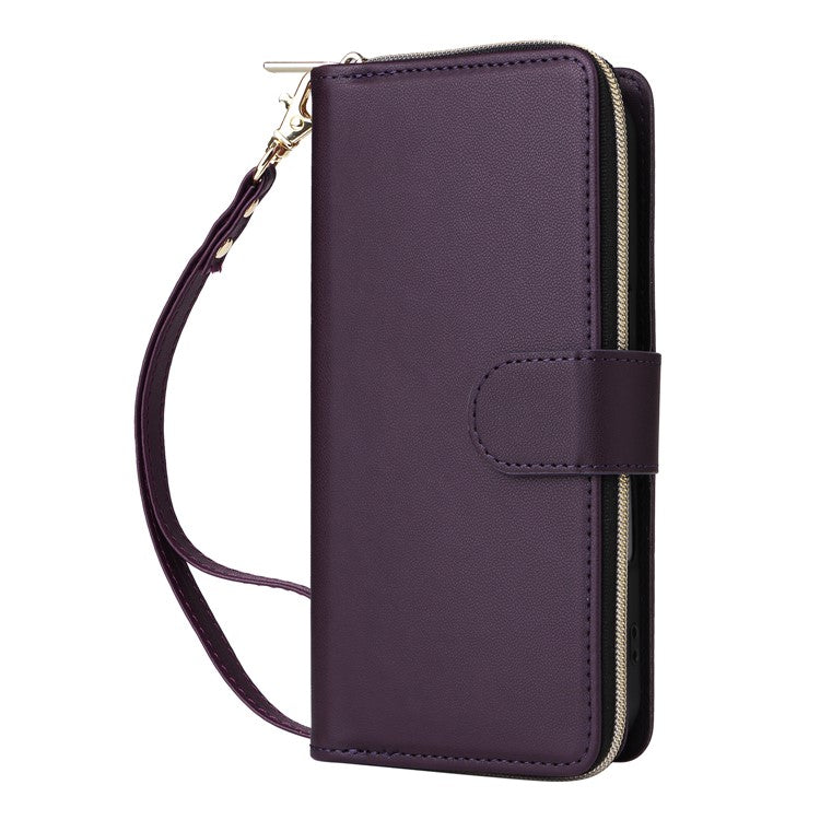R20 For iPhone 16 Plus Case Zipper Wallet 9 Card Slots PU Leather Phone Cover - Dark Purple