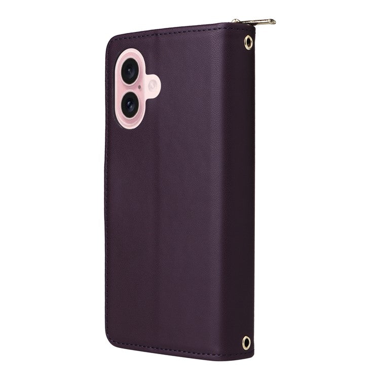 R20 For iPhone 16 Plus Case Zipper Wallet 9 Card Slots PU Leather Phone Cover - Dark Purple