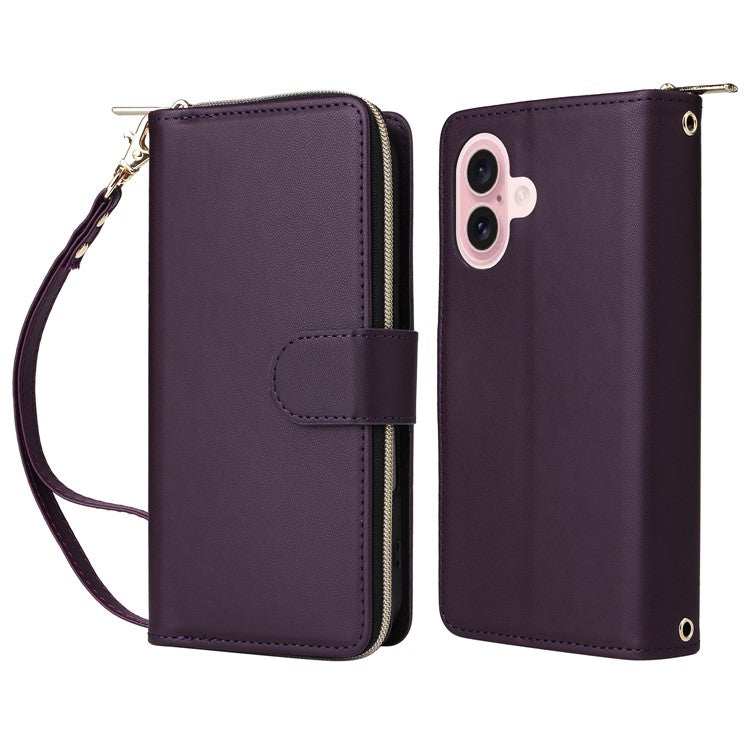 R20 For iPhone 16 Plus Case Zipper Wallet 9 Card Slots PU Leather Phone Cover - Dark Purple