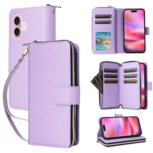 R20 For iPhone 16 Plus Case Zipper Wallet 9 Card Slots PU Leather Phone Cover - Light Purple