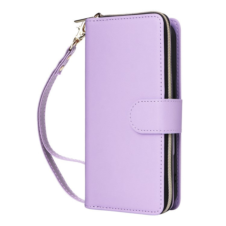 R20 For iPhone 16 Plus Case Zipper Wallet 9 Card Slots PU Leather Phone Cover - Light Purple