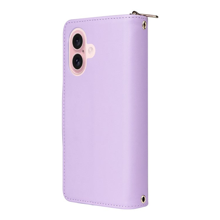 R20 For iPhone 16 Plus Case Zipper Wallet 9 Card Slots PU Leather Phone Cover - Light Purple