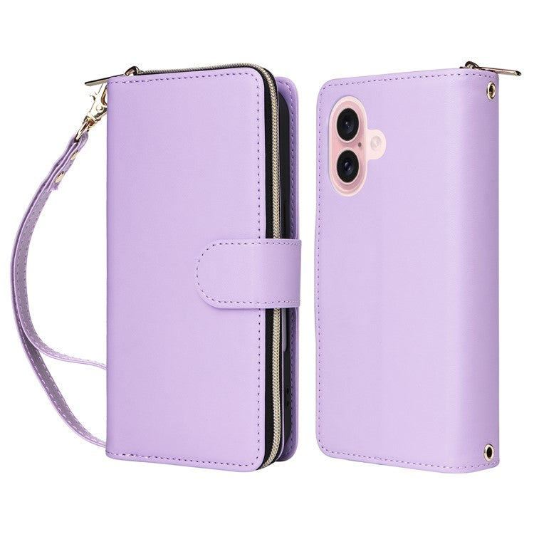R20 For iPhone 16 Plus Case Zipper Wallet 9 Card Slots PU Leather Phone Cover - Light Purple
