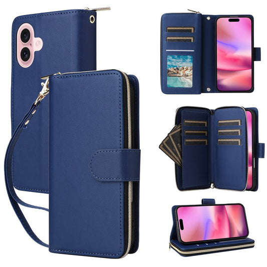 R20 For iPhone 16 Plus Case Zipper Wallet 9 Card Slots PU Leather Phone Cover - Blue