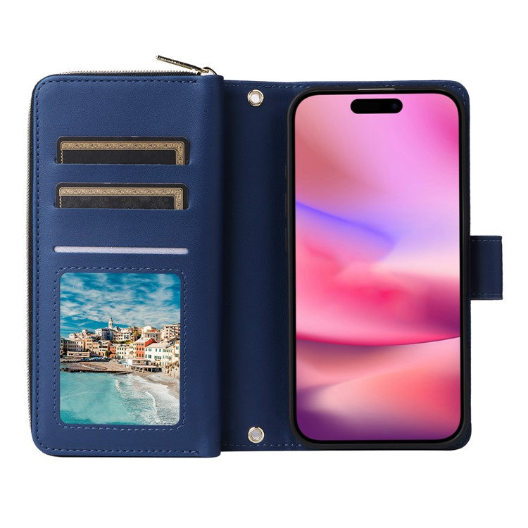 R20 For iPhone 16 Plus Case Zipper Wallet 9 Card Slots PU Leather Phone Cover - Blue