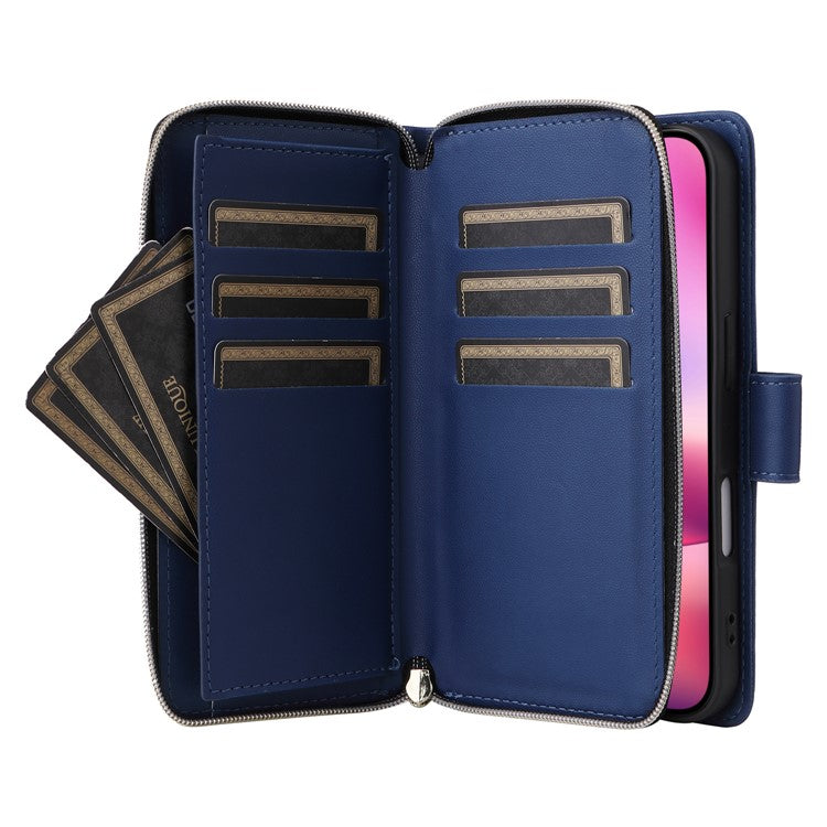 R20 For iPhone 16 Plus Case Zipper Wallet 9 Card Slots PU Leather Phone Cover - Blue