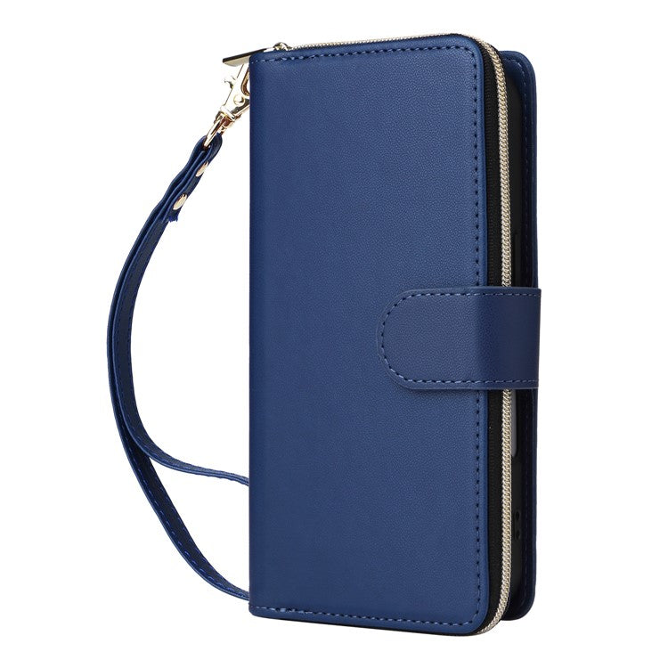 R20 For iPhone 16 Plus Case Zipper Wallet 9 Card Slots PU Leather Phone Cover - Blue
