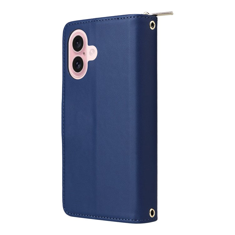 R20 For iPhone 16 Plus Case Zipper Wallet 9 Card Slots PU Leather Phone Cover - Blue