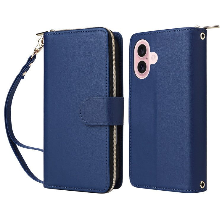 R20 For iPhone 16 Plus Case Zipper Wallet 9 Card Slots PU Leather Phone Cover - Blue