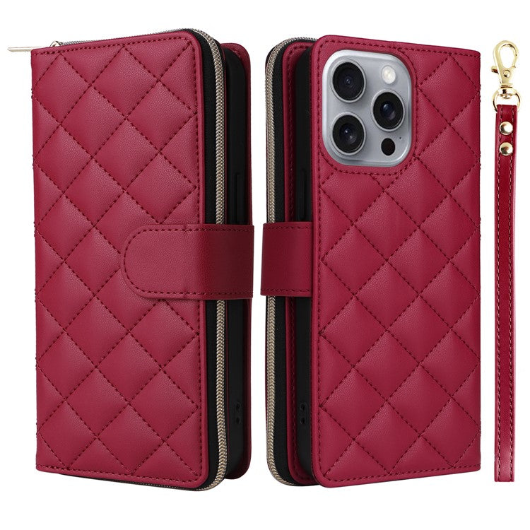 For iPhone 16 Pro Case Zipper Wallet PU Leather Rhombus Phone Cover with 2 Straps - Wine Red