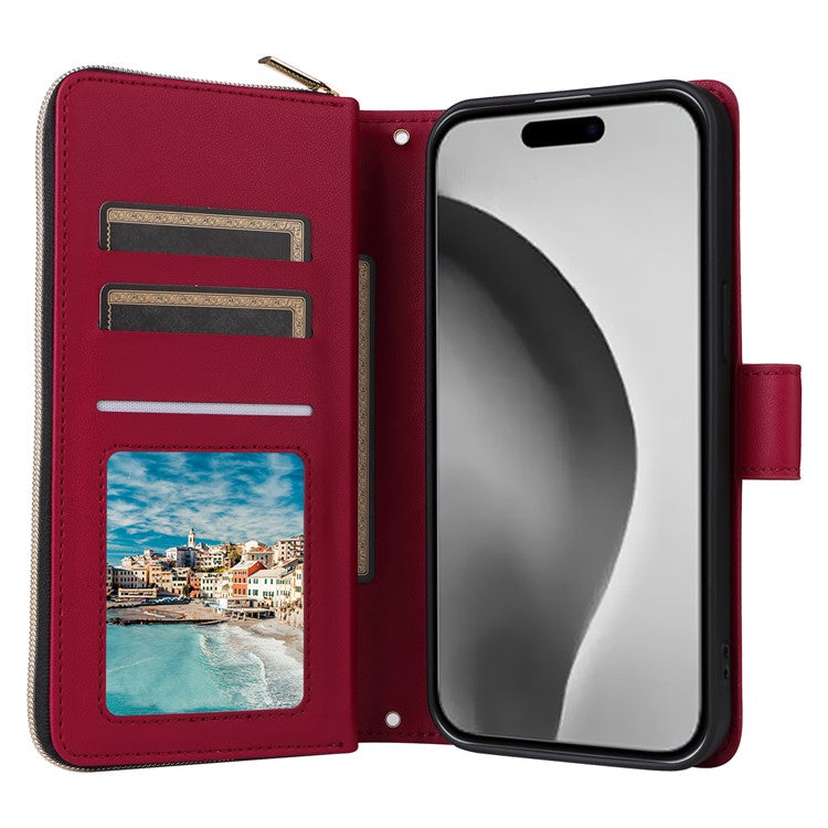 For iPhone 16 Pro Case Zipper Wallet PU Leather Rhombus Phone Cover with 2 Straps - Wine Red