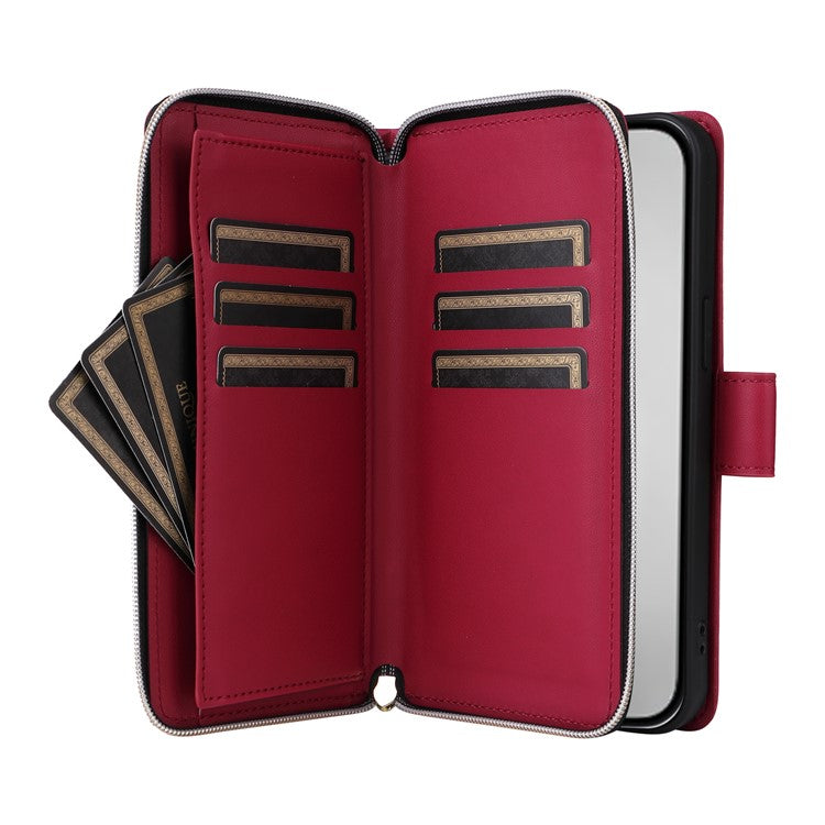 For iPhone 16 Pro Case Zipper Wallet PU Leather Rhombus Phone Cover with 2 Straps - Wine Red